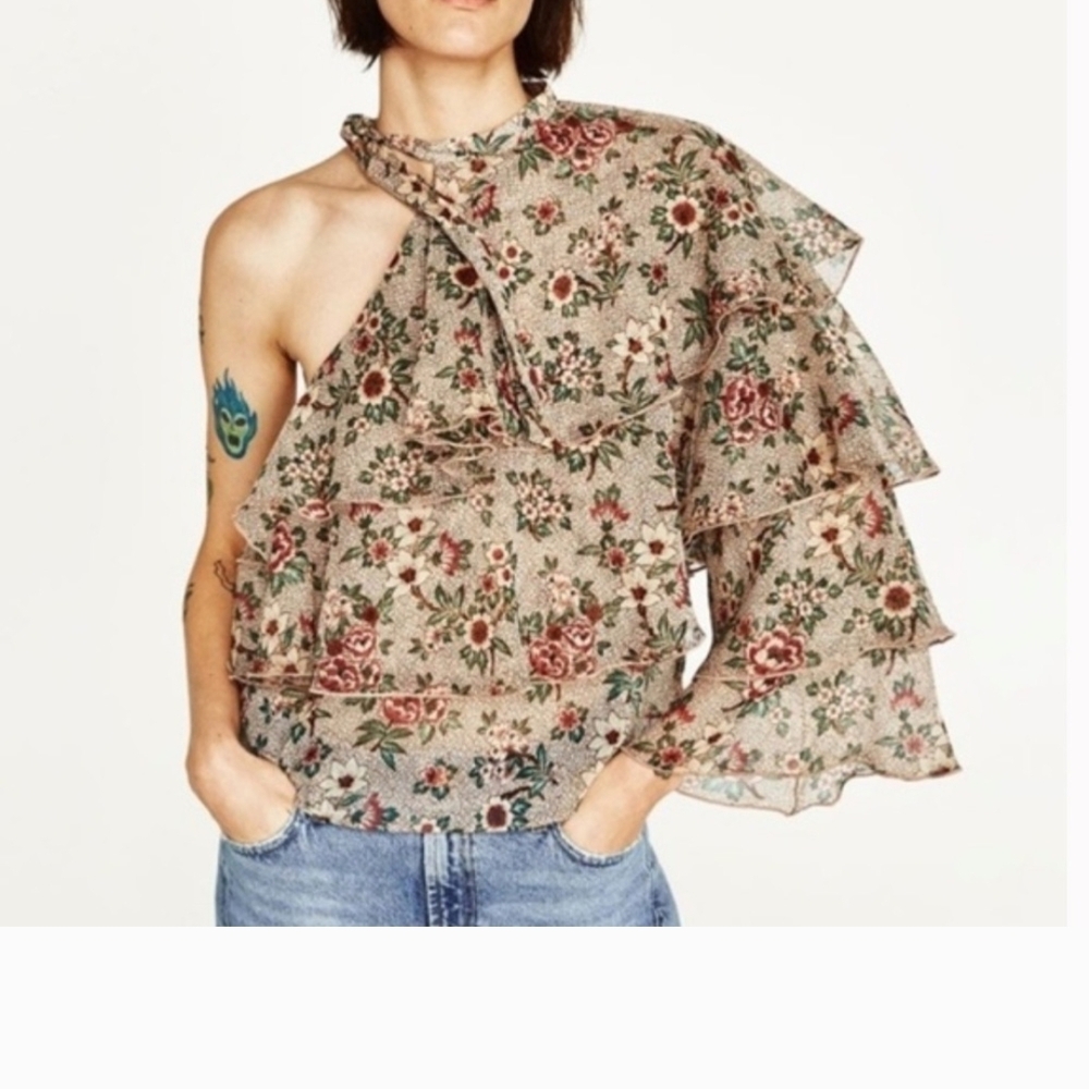 Zara Floral One Shoulder Ruffle Blouse Size XS